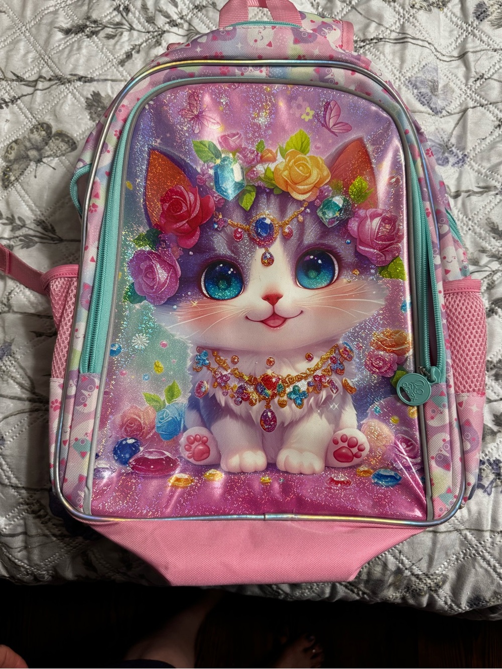 Kids Pink Cat Graphic Backpack with Jewel Accents
